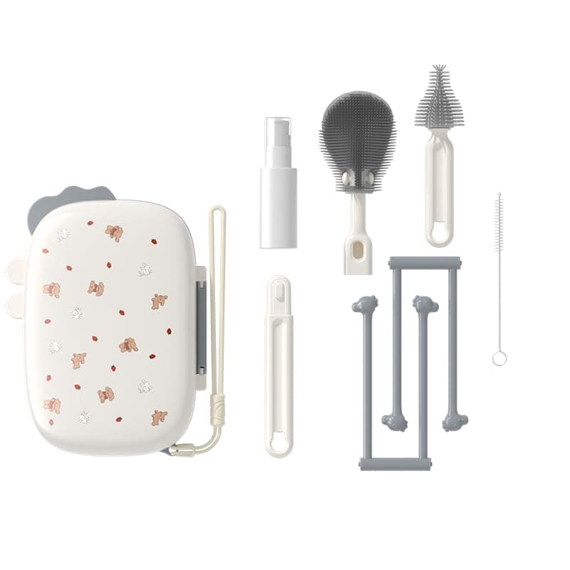TPE & Silicone Travel Baby Bottle Cleaning Kit, 6-in-1 Baby Bottle Cleaner Brush Set with Breast Pump Cleaning, Brush, Straw Brush, Soap Dispenser, Portable Drying Rack, Baby Travel Essential