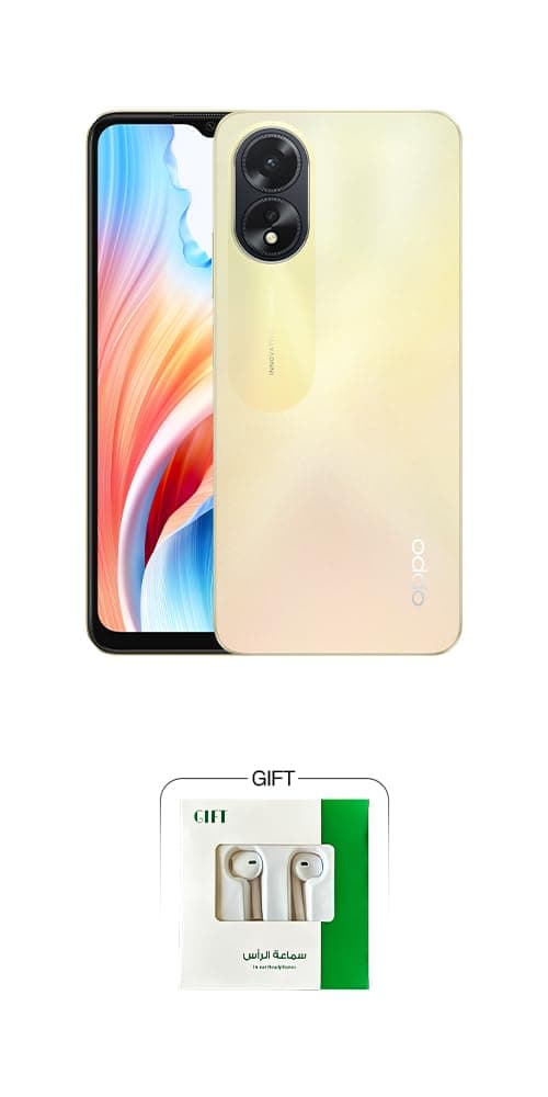 جوال اوبو A38 4G اندرويد ثنائي شرائح الاتصال بذاكرة RAM 4GB وذاكرة تخزين 128GB - إصدار المملكة العربية السعودية مع سماعة راس بلون ذهبي متوهج