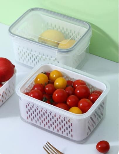 9pcs Plastic Food Storage Container Set with Drain Basket and Lids - Leakproof, Fridge Safe, Reusable Multipurpose Kitchen Organizer Box, Suitable for Fruits, Vegetables and Food
