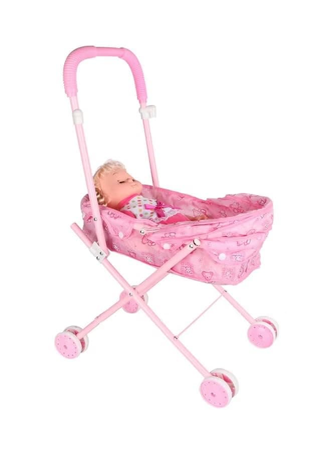 Baby Doll With Stroller Foldable Baby Pram Pretend Play Carrier Stroller Toy For Girls-Pink