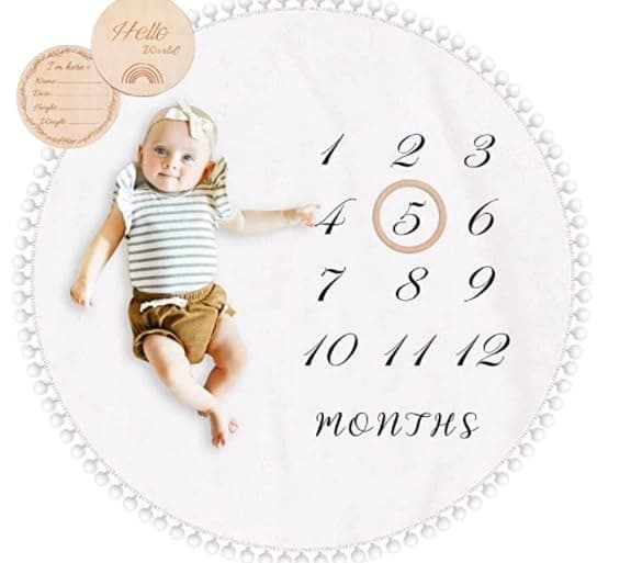 Baby Milestone Monthly Blanket Mat with Double-Sided Milestones Cards and Circle Garland Thick Flannel Round Rug for Boy Girl, Baby Photography Props