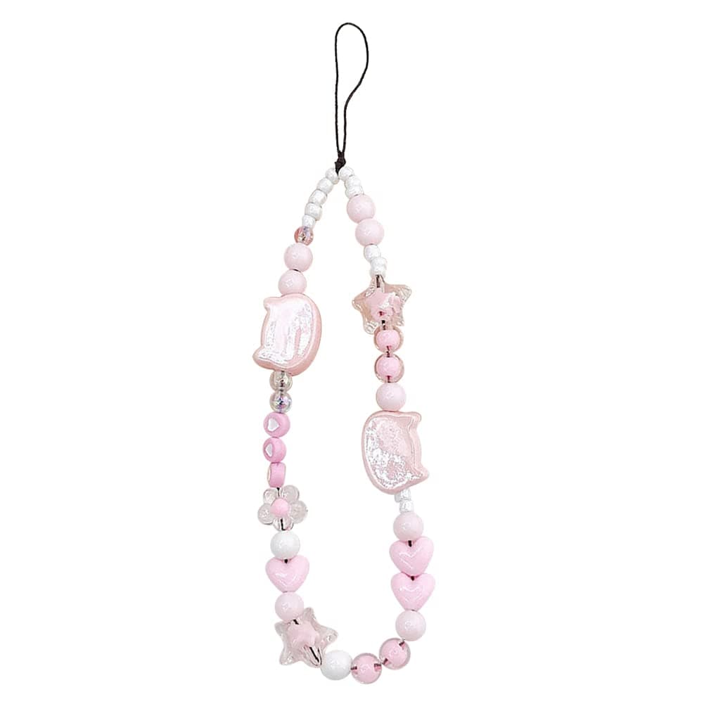 سوار سلسلة للهاتف المحمول بتصميم راس قطة ونجمة وزهرة وقلب مطرز بالخرز، حزام معصم بلون زهري مضاد للفقدان، سلسلة مفاتيح للنساء والفتيات