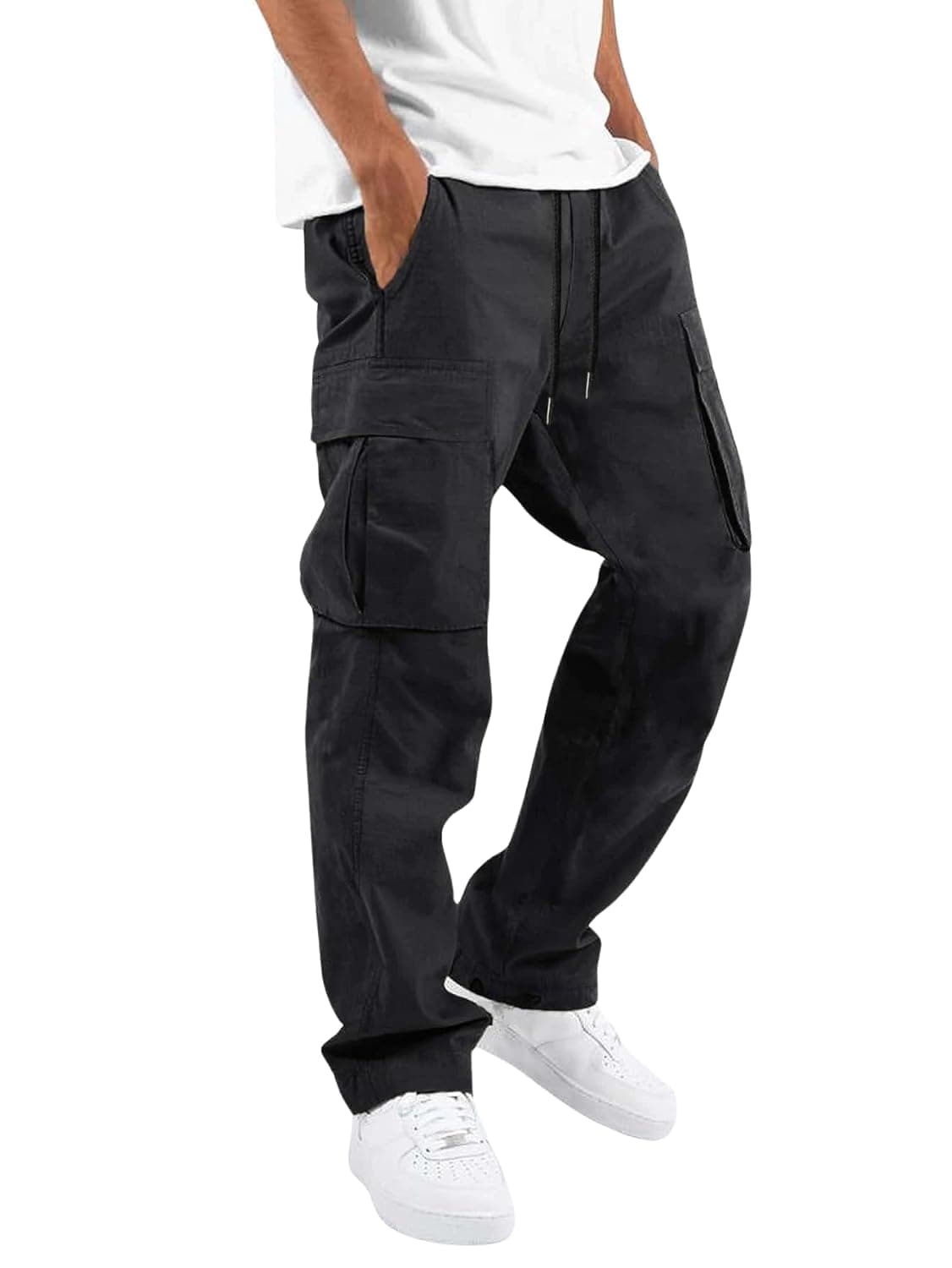 Men Cargo Pants with Drawstring Waist, Loose Fit Long Length Cotton Cargo Trousers for Men, Classic Casual Workwear Style Pants for Everyday Wear Outdoor Activities (XL Black)