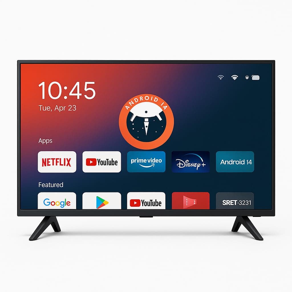 SREEN 32-Inch Smart TV – Android 14 OS – HD Resolution 1366×768 – Frameless LED Display – YouTube, Netflix, App Store – HDMI, USB, WiFi – Model SRET-32S1