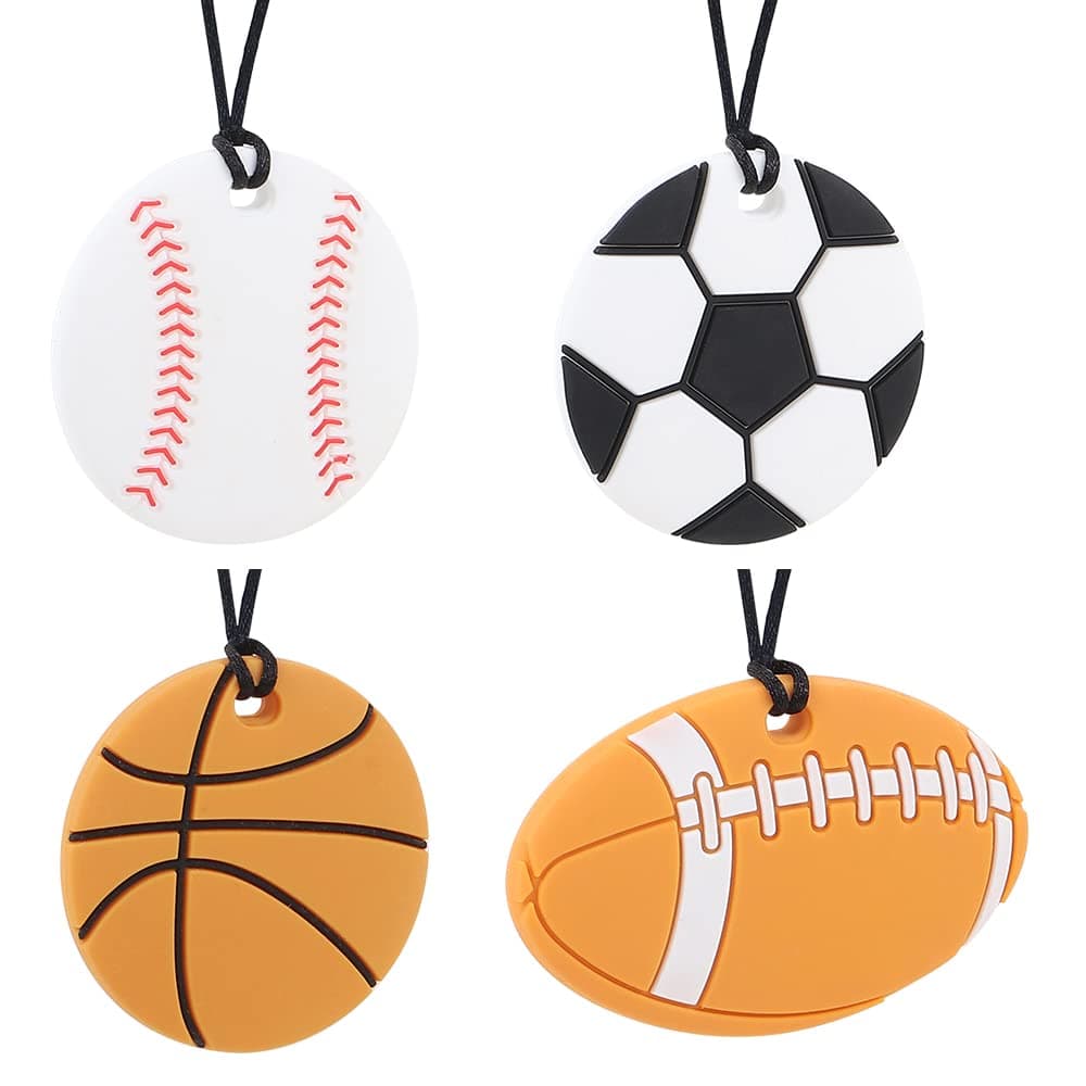 4 Pcs Silicone Sensory Chew Necklace Toy for Boys and Girls,Chewy Necklace for Kids with Autism, ADHD,Oral Motor,Biting Needs,Reduce Anxiety Fidgeting (Sports Balls)