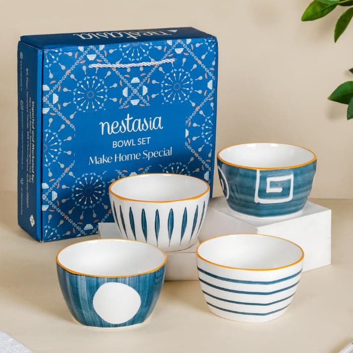Nestasia Microwave & Dishwasher Safe Ceramic Bowl Set of 4 | Ideal for Snacks, Rice, Dal, Fruits, Sa