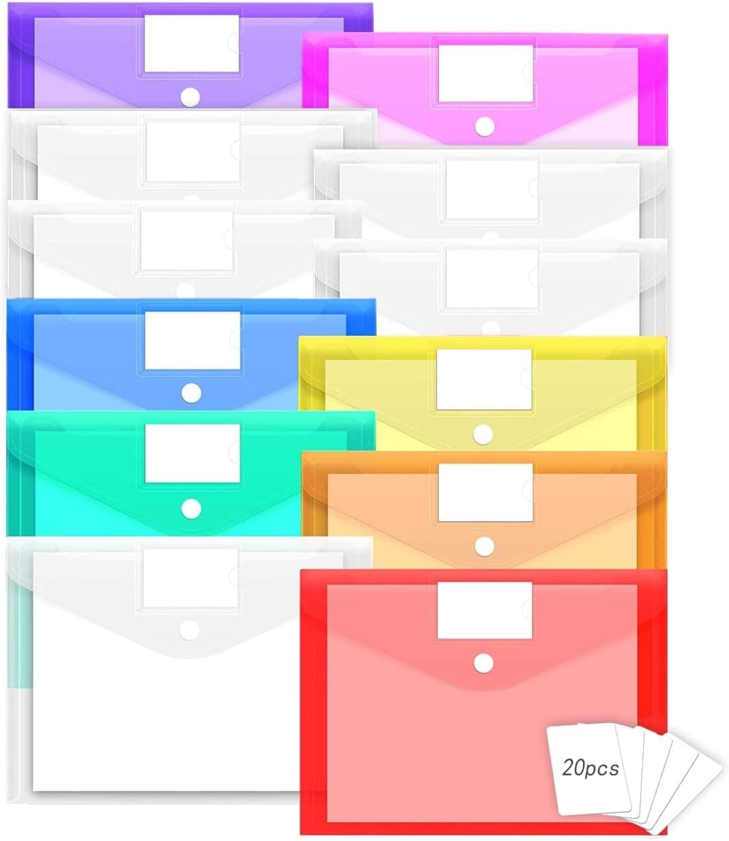 12 Pack Plastic Envelopes, A4 Size File Folder with Button Snap Closure and Label, 8 Assorted Colors