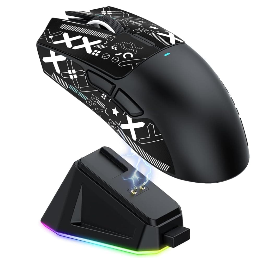 ماوس العاب لاسلكي X11 فائق الخفة 59 غرام مع شريط لاصق وقاعدة شحن RGB وبلوتوث 2.4G لاسلكي/سلكي لجهاز اتاك شارك x11 مستشعر PAW3311 22000 DPI، 5 ازرار قابلة للبرمجة للكمبيوتر/ماك (اسود)