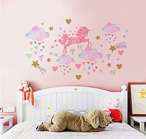 Unicorn Wall Decals, Pink Unicorn with Star Colorful Clouds Wall Sticker for Girls Bedroom, Unicorn Rainbow Decor for Baby Room Nursery Birthday Decoration, Girl's Room Decor, Gift for Baby Showers