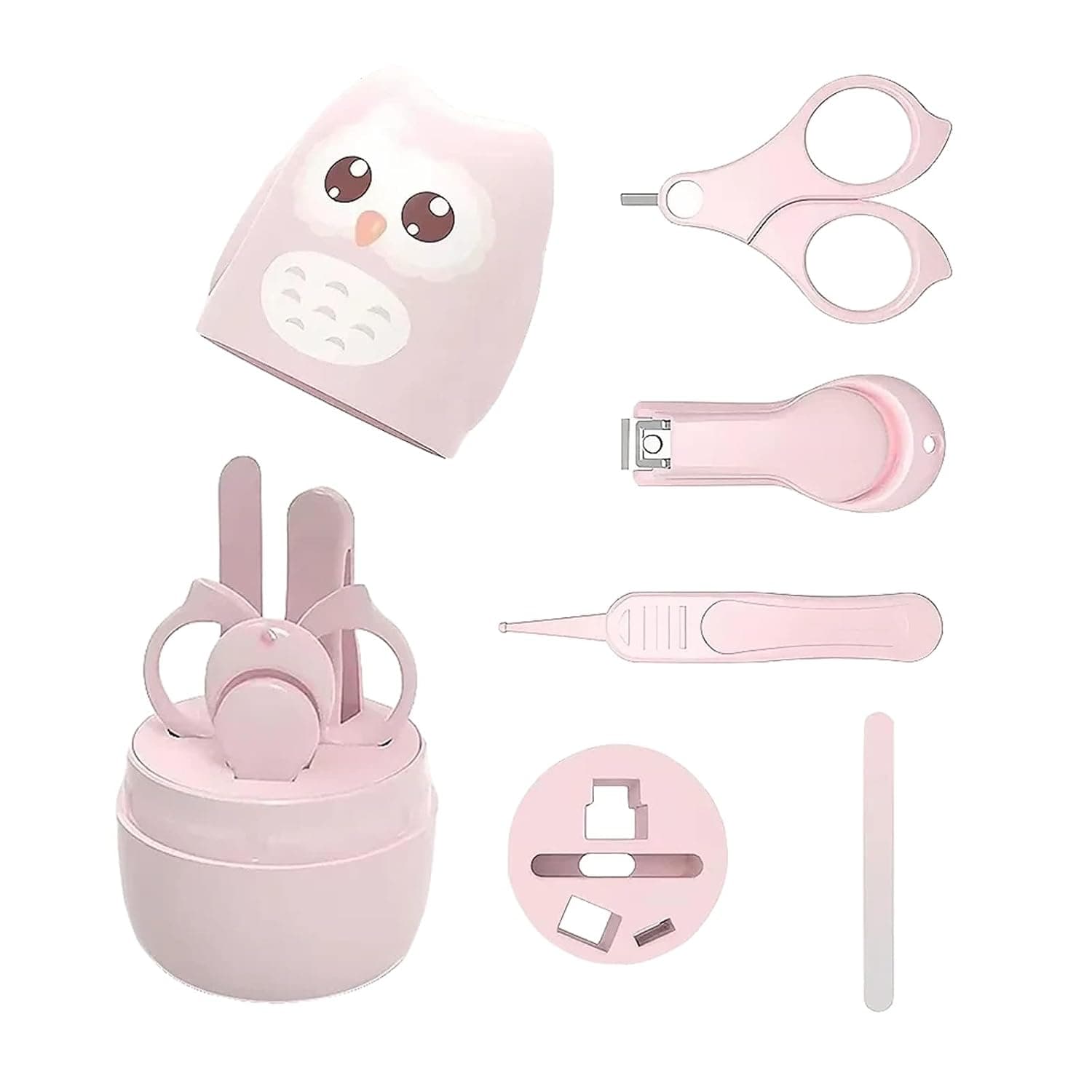 Tazweeq Baby Nail Manicure Pedicure Grooming Care Kit (4 Pack) with Cute Owl Shape Case, Baby Nail Clipper, Scissor, Nail File & Tweezer for Newborn, Infant & Toddler, Mothers Day (Pink)