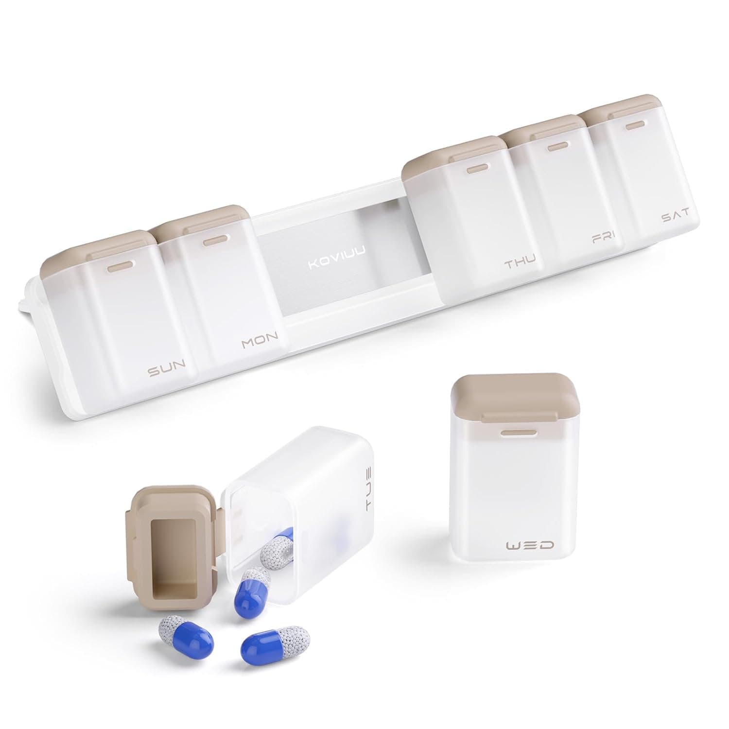 KOVIUU Weekly Pill Organizer, Magnetic Medicine Vitamin Case 1 Time a Day | Week Once Daily Supplement Box, Removable Medication Container Holder for Fridge, 7 Day Large Travel Pill Dispenser, Brown
