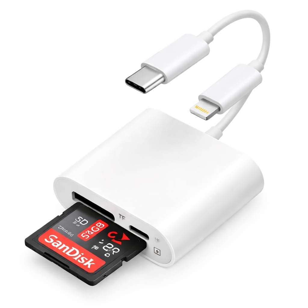 Dual Slot SD & Micro SD Card Reader | MFi Lightning + USB-C | Plug & Play for iPhone, Camera & Drone