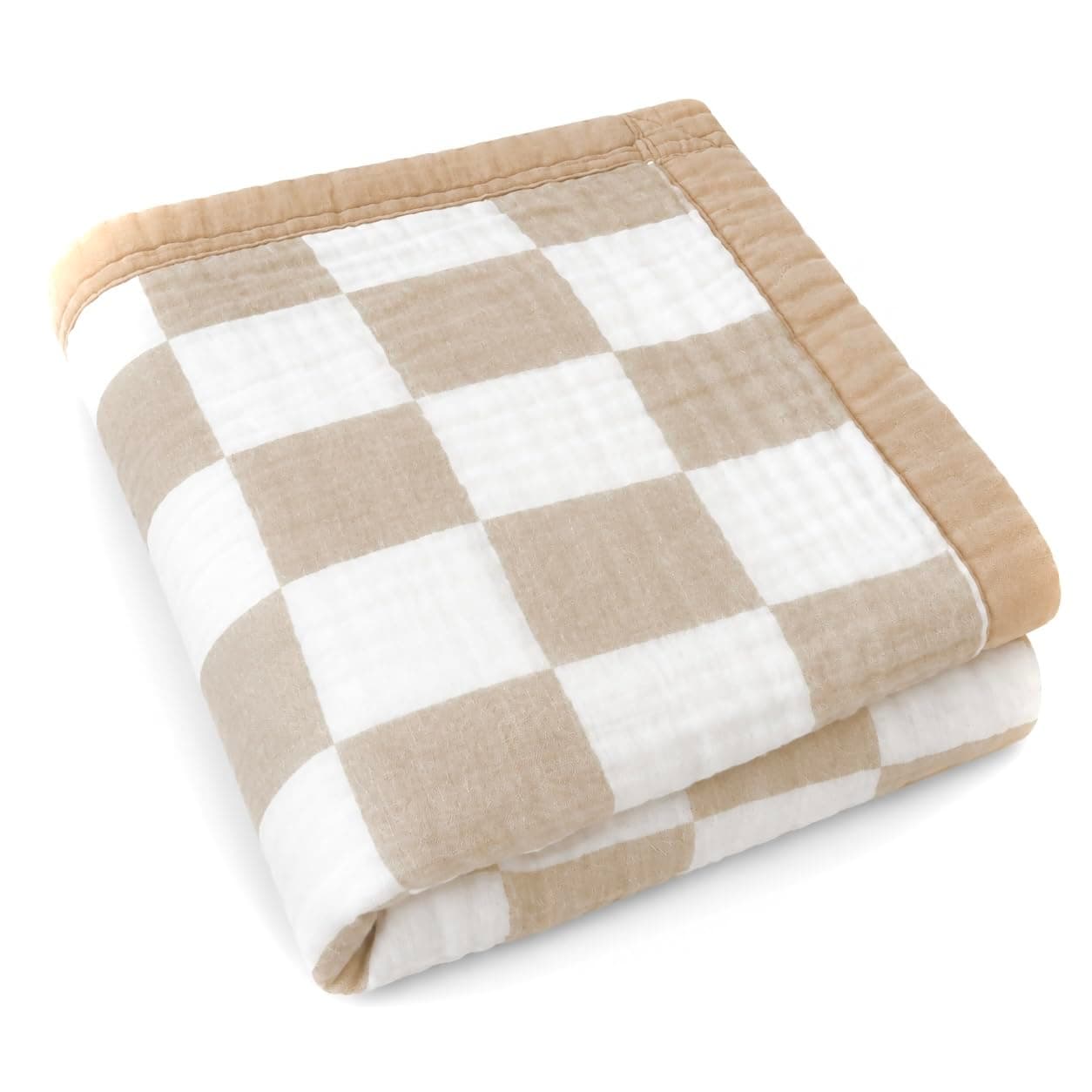 Luxurious Cotton Muslin Baby Blanket, Beige and White Checkered Pattern, Quilted Nursery Bedding, Soft Breathable Natural Fabric