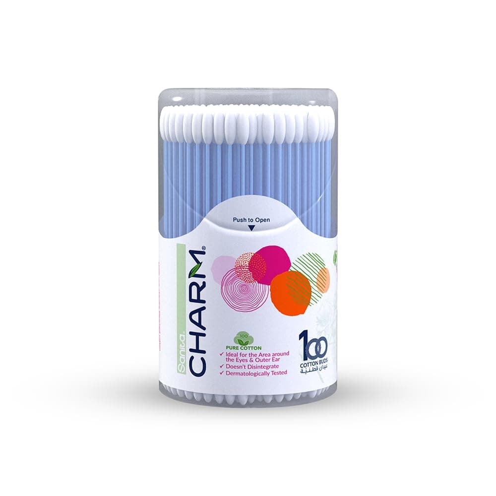 Sanita Charm Drums Ear Buds Round Box 100-Pieces, 24 cm Size, White