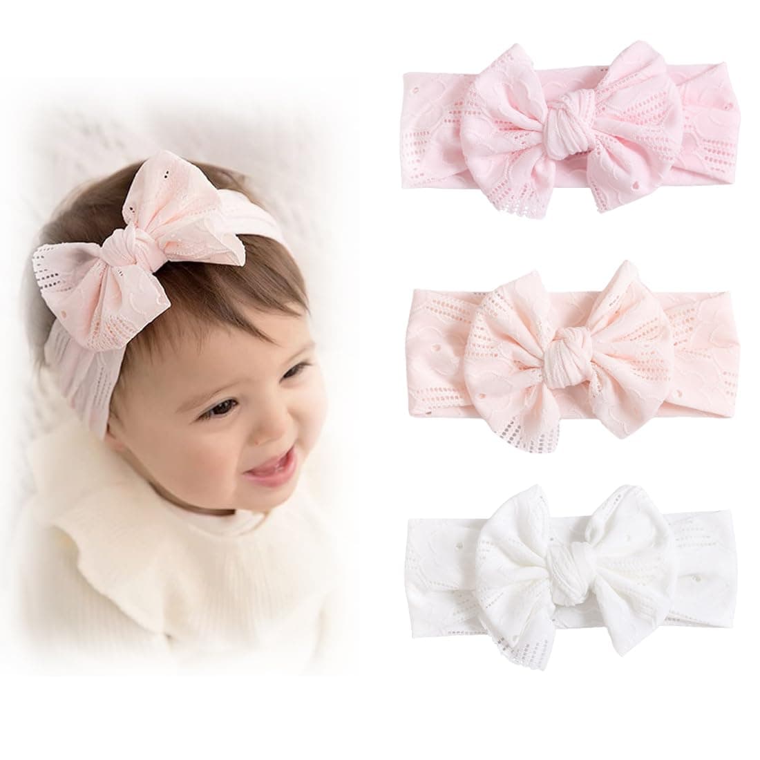 Fashion Nylon Baby Girl Headbands,Baby Bow Headband,Kids Hair Band,Newborn Baby Baptism Headband,Elastic,Soft Cute Headdress for Babies Babies(Pack of 3)