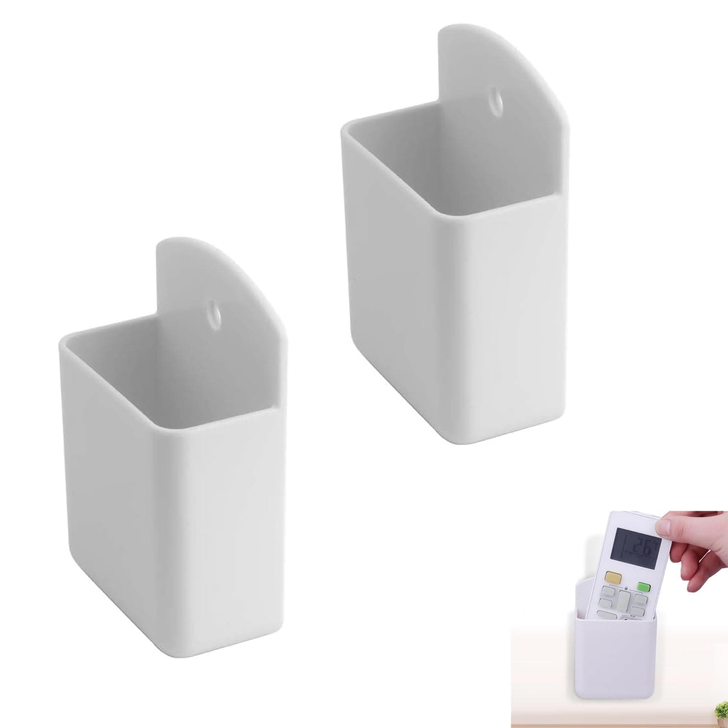 2 Pcs Wall Mount Remote Control Holder, Wall Mount Storage Box for TV and Air Conditioner Remote Controls, Self Adhesive, Wall Pen Holder Storage Accessories for Home Office School, White