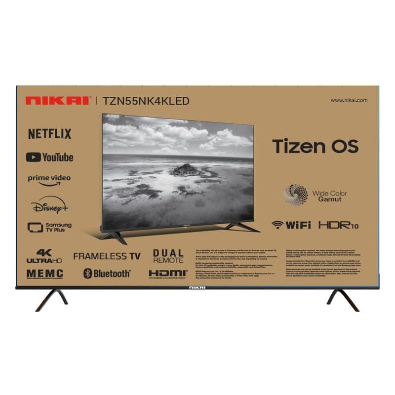 NIKAI 55" UHD 4K Smart TV TIZEN OS, built-in DVBT2/S2 tuners, Voice Control, Wi-Fi, Bluetooth, NetFlix, Youtube, Disney, Prime, Frameless Design, 2 Remotes, TZN55NK4KLED