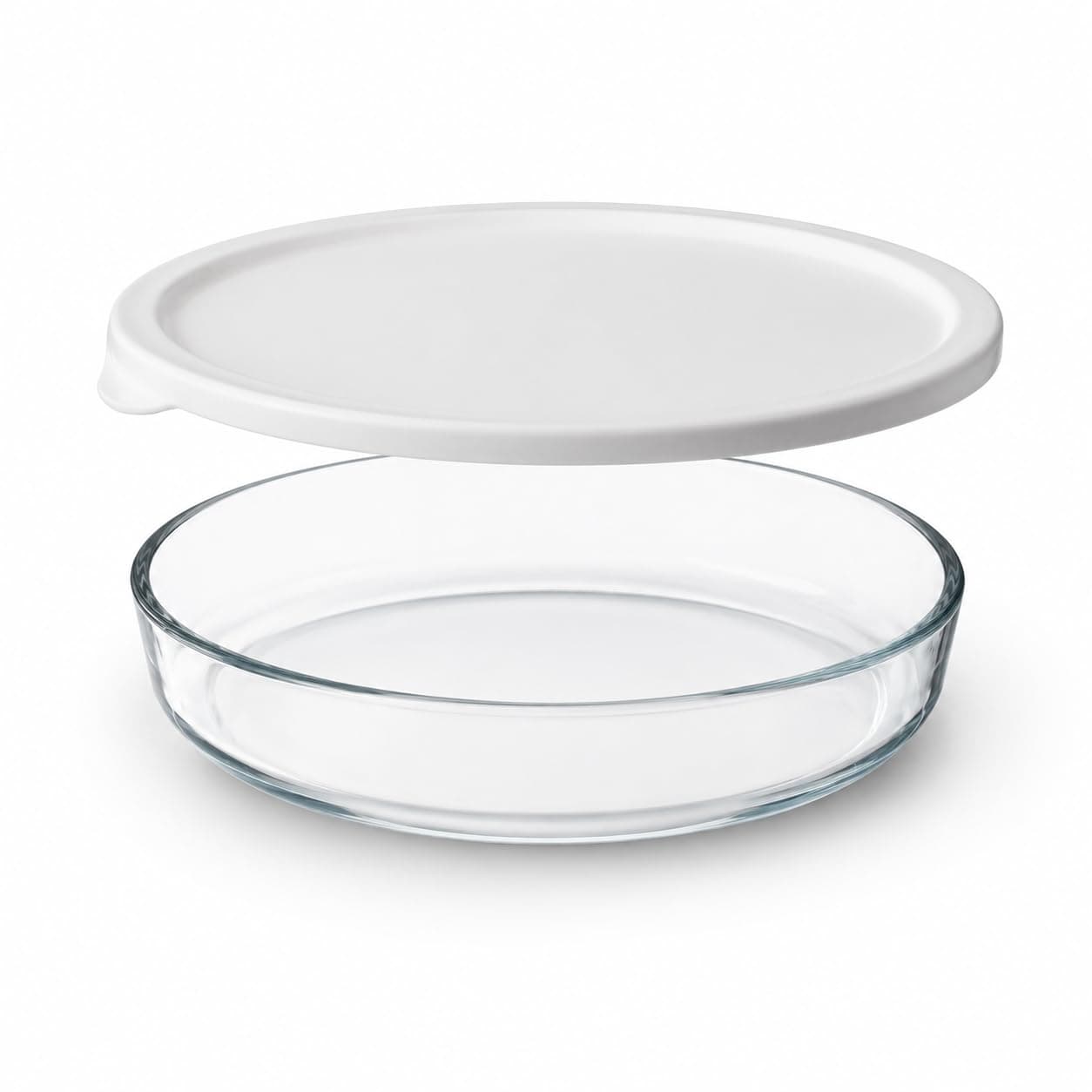 Round Heat Resistant Glass Oven Trays with White Plastic Lid | Oven, Microwave, Dishwasher Safe | Multipurpose Trays for Cooking and Serving (1.4L)