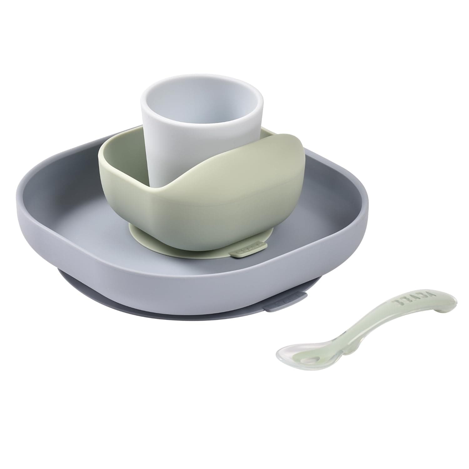 Béaba - Silicone Feeding Meal Set - Set of 4 Pieces : Plate + Bowl + Cup + Spoon - Silicone with Strong Suction pad - Baby and Children - Jungle