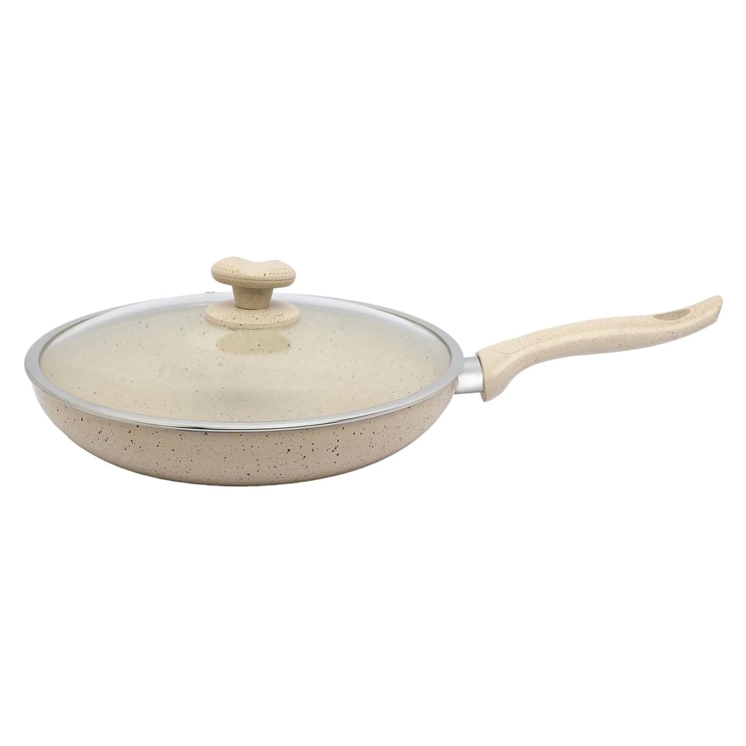 Bister Granite Frying Pan with Glass Lid, Flat Bottom Suitable for Induction Cooker Halogon Oven and Gas Stove, Beige, 28cm