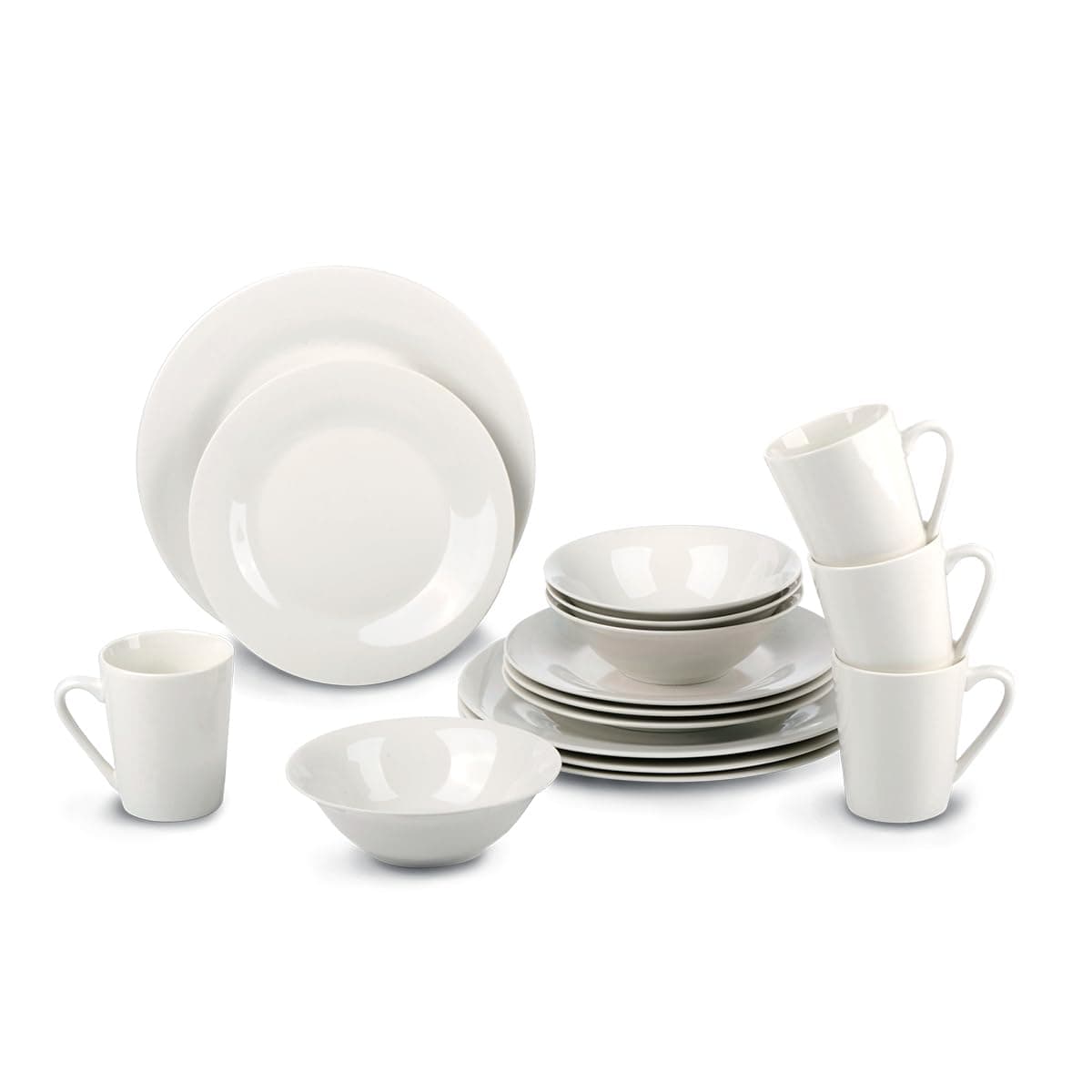 alpina Crockery Set for 4 People, Plate and Bowl Set, Stoneware Tableware Set, Dinner Plates, Dessert Plates, Bowls and Cups, Microwave and Dishwasher Safe, White