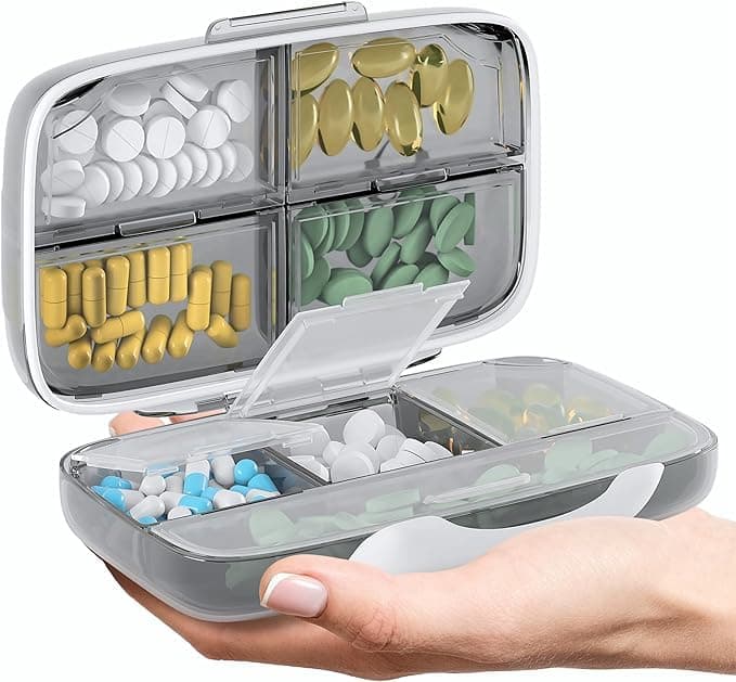 Travel Pill Organizer - Airtight Medicine Case for Traveling Portable Pharmacy Box with Labels Vitamin Container 8 Compartment Supplement Medication Holder Large Capacity Daily Essentials Storage Kit