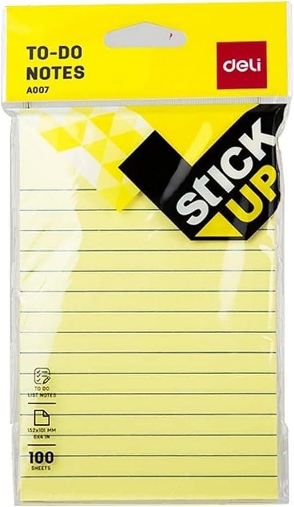 Deli Stick Up Sticky Notes 6'' × 4'' Lined 100 Sheets/1 Pack Yellow