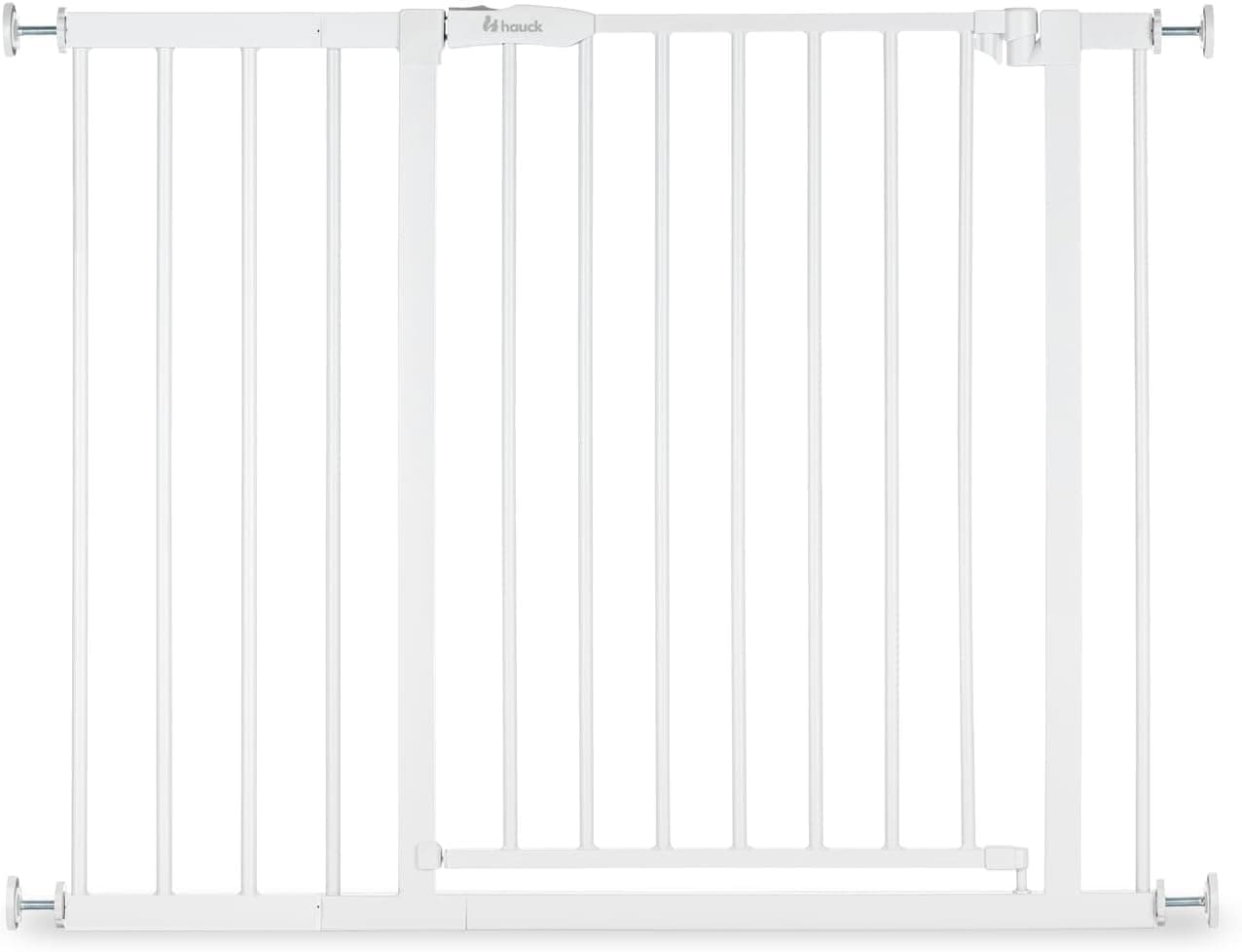 Hauck Stair Safety Gate Open N Stop 2 with 21 cm Extension for Widths 96-101 cm, No Drilling, One-Handed Opening on Both Sides, Manual Closing Mechanism, Metal (White)