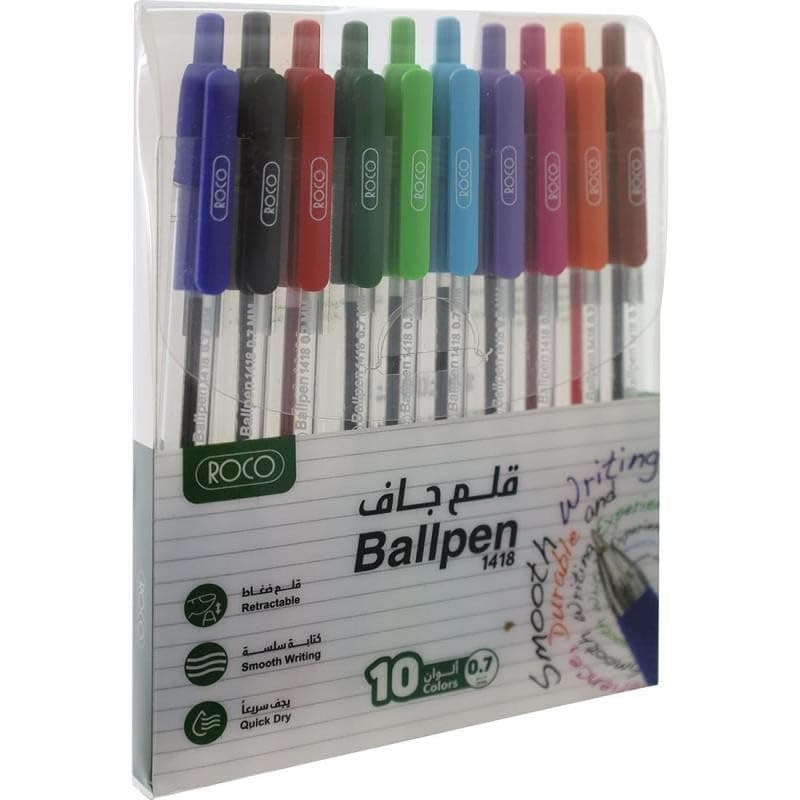 Roco 0.7mm Retractable Dry Ink Ballpoint Pen 10-Piece Set, Assorted