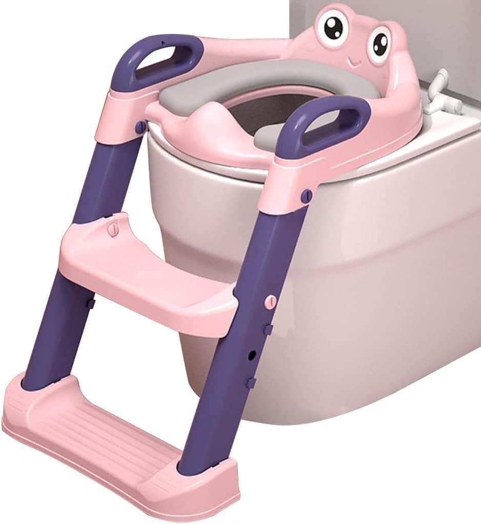 Tazweeq Toilet Training Seat with Step Stool Ladder，Foldable Portable Potty Chair for Toddlers Boys Girls，Comfortable PU Seat with Anti-Slip Pads，Sturdy PP Frame Fits Most Adult Toilets (Pink)