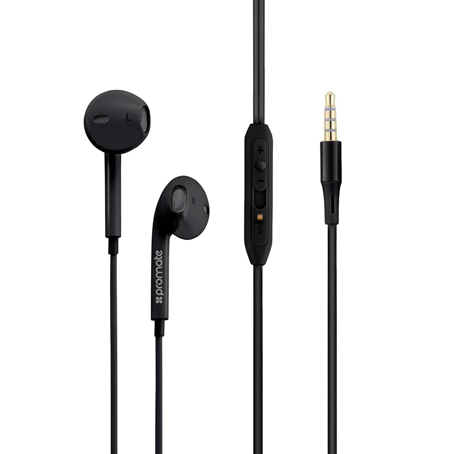 Promate Earphones, In-Ear 3.5mm Universal Crystal Sound and Noise Isolating Earbuds with In-Line Remote Volume Control and Built-In Mic for Smartphones, PC, Tablets, Laptops, GearPod-IS2 (Black)