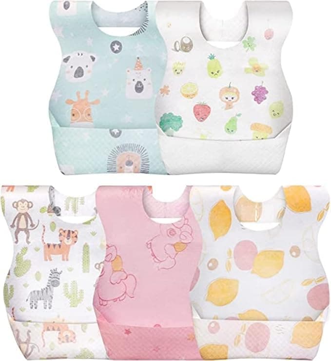 50 PCS Disposable,Portable Baby Bibs for Girls and Boys, Travel Bibs with Individual Package, with Food Catcher Pocket, Waterproof and Adjustable,Toddlers Outdoor Feeding