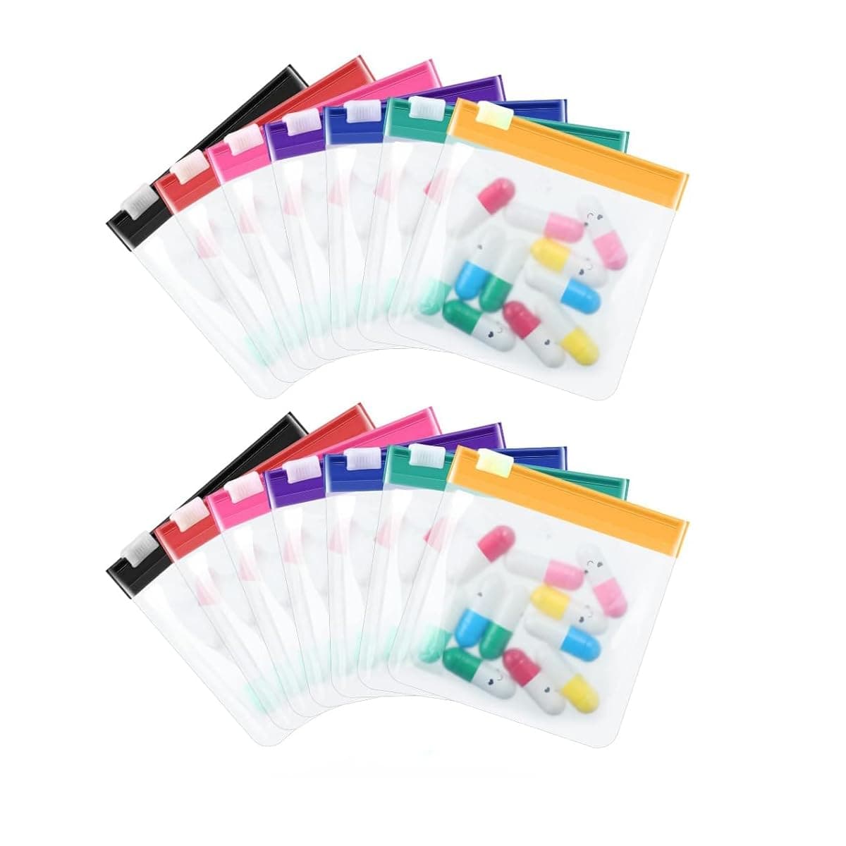 Pill Organizer Waterproof Daily Pill Carrier with Colorful Seals, Pocket Pharmacy for Vitamins Supplements, Reusable Clear Zippered Travel Medicine Pouches with Slide Lock, 14pcs