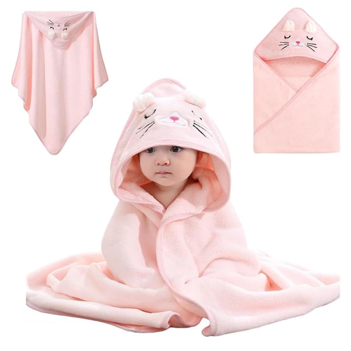 Baby Hooded Towel, Baby Essentials Towels for Boy and Girl with 80 x 80 cm Large Size, Soft Absorbent Baby Bath Essential Bath Towel as Best Gift for Newborn (Pink-2pcs)