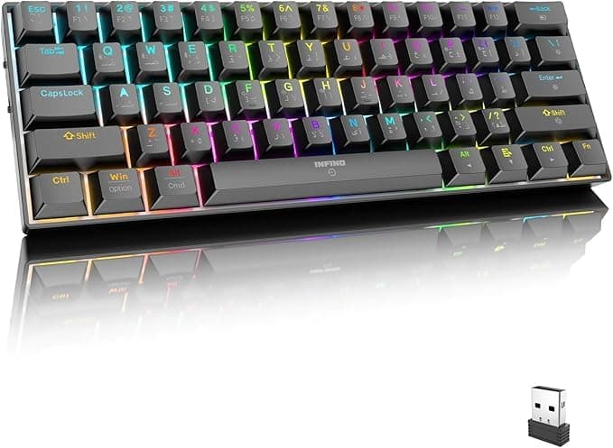 لوحة مفاتيح ميكانيكية لاسلكية بلوتوث ثلاثية الاوضاع بتصميم عربي من انفينو®، مفتاح بني باضاءة خلفية RGB بـ61 مفتاح، دعم متعدد المنصات لاجهزة ويندوز/ماك/لينكس/تابلت، كيبورد العاب قابلة لاعادة الشحن