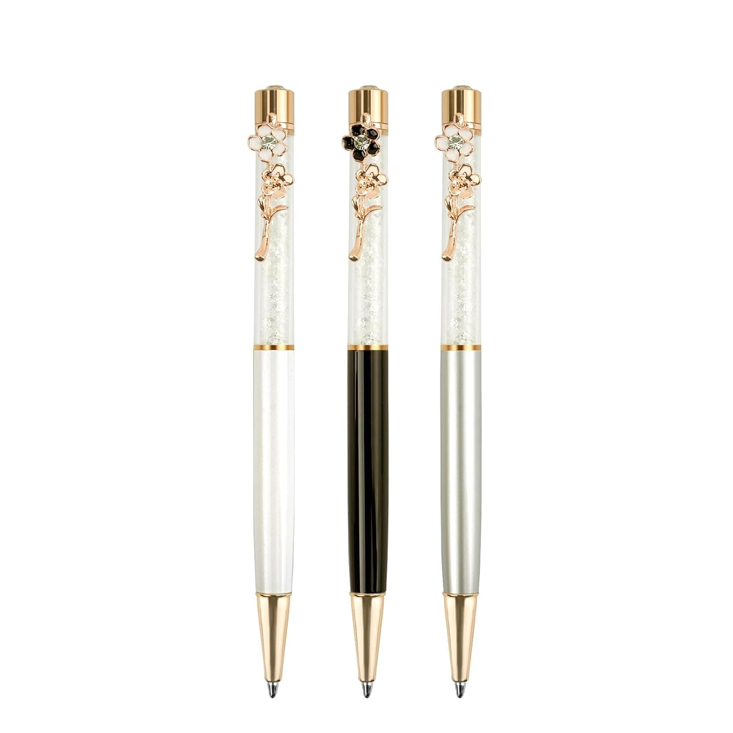Ballpoint Pens Set Crystal Diamond Metal Pen with Flowers for Journaling in Black Ink for Women Girls Galentine's Day Gifts Wedding Birthday School Office (Black+Silver+white)