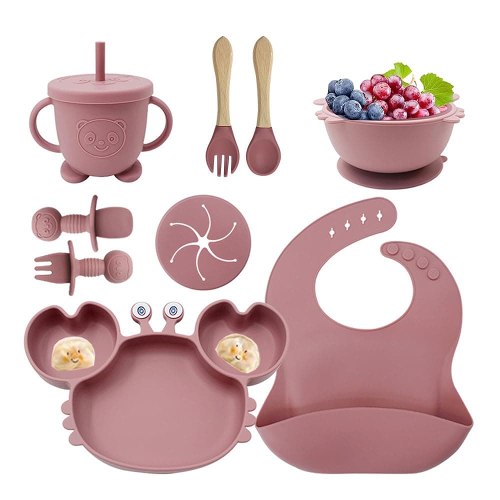 BOOM Silicone Baby Feeding Set, 9 Pack Baby Led Weaning Utensils Set, Includes Suction Bowl Divided Plate, Spoons Forks Sippy Cup Adjustable Bib, BPA Free Durable Babys Feeding Supplies Sets (Pink)