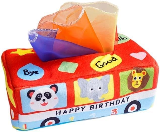 Joyzzz Tissue Box Toys, Baby Magic Tissue Box, Bus Shape Sensory Toy with Early Education Knowledge, Soft Tissue Box for Toddlers