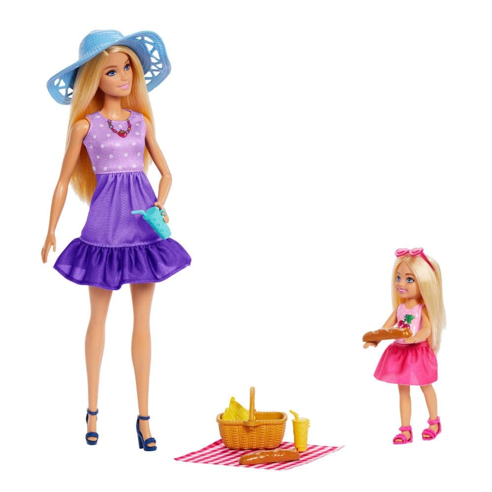 Barbie Family & Friends Dolls & Accessories Playset, Picnic-Themed Playset with Fashion & Small Dolls, Plus 9 Pieces Including Food | with fashion dolls and small dolls as well as 9 pieces including food, JBF43
