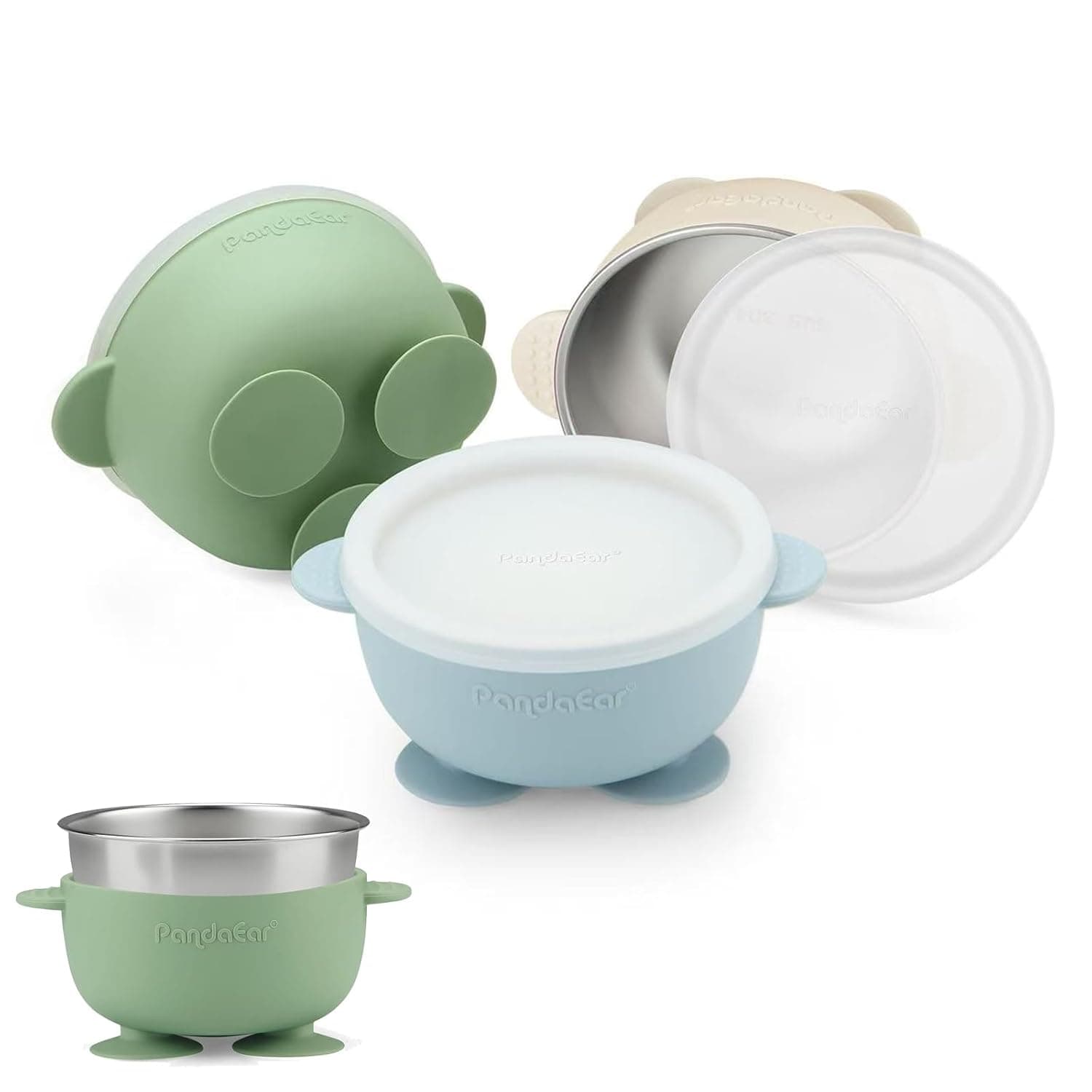 PandaEar 3 Pack Stainless Steel Baby Suction Bowls with Lid, Non-Slip Child Food Bowl with Silicone Sleeve for Kids Toddlers Infants, Unbreakable & Mess Free (Blue Green Brown)