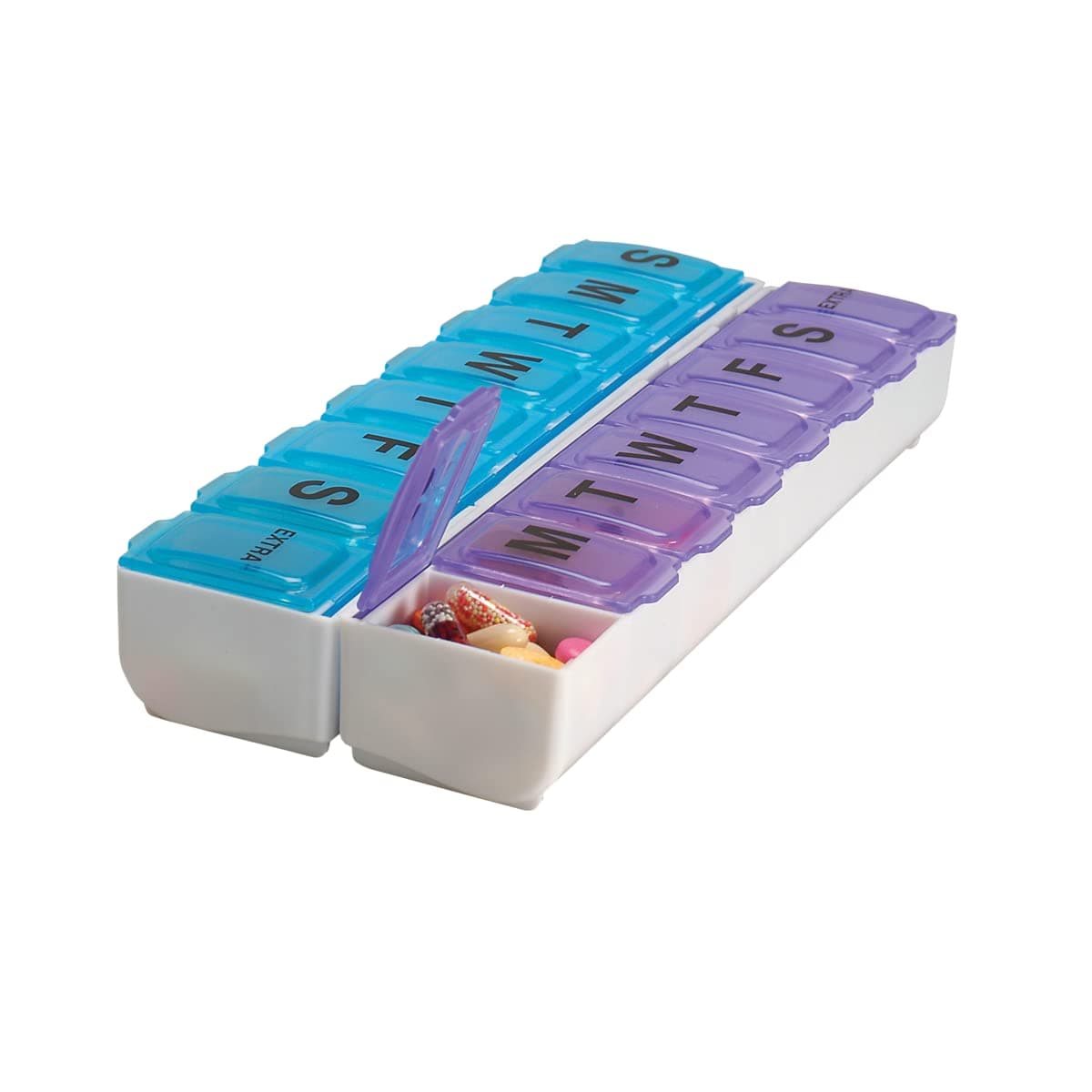 EZY DOSE Weekly (14-Day) Pill Organizer, Vitamin and Medicine Box, Large Snap Compartments, Blue and Purple | Daily Vitamin Box & Supplement Planner, 2 Detachable Weeks + Extra, Snap Compartments, Compact & Travel-Friendly, BPA-Free