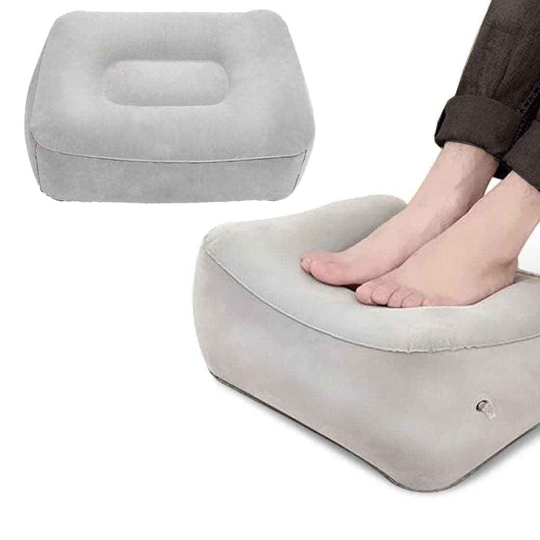 Travel Foot Rest Pillow with Air Pump – Soft Inflatable Flocking Leg Rest for Flights, Office, Camping & Home – Lightweight Foot Cushion for Relaxation & Swelling Relief – Compact & Portable (Gray)
