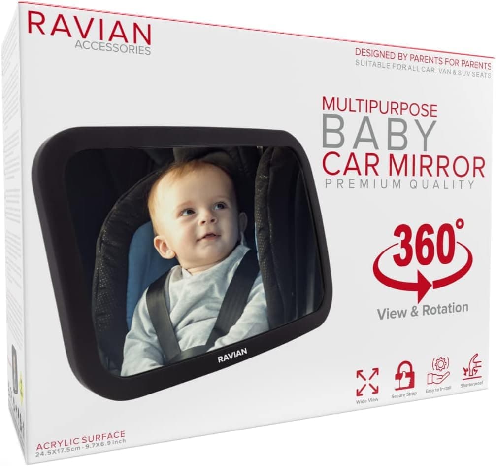 RAVIAN Baby Car Mirror for Back Seat Safest Newborn Essentials with Rear View, Shatterproof, Adjustable to See Rear Facing for Infants, Kids and Pets