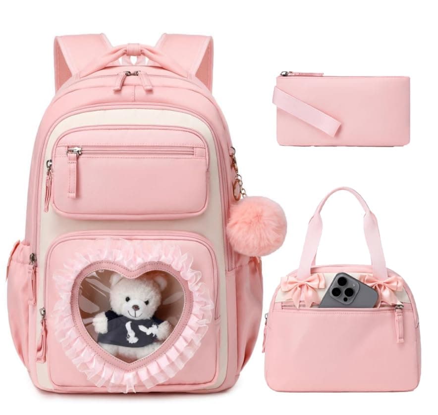 MOONBABY Girls Backpack for School 17" Lightweight Water-resistant Elementary/Middle School Bookbag with Clear Heart Pocket