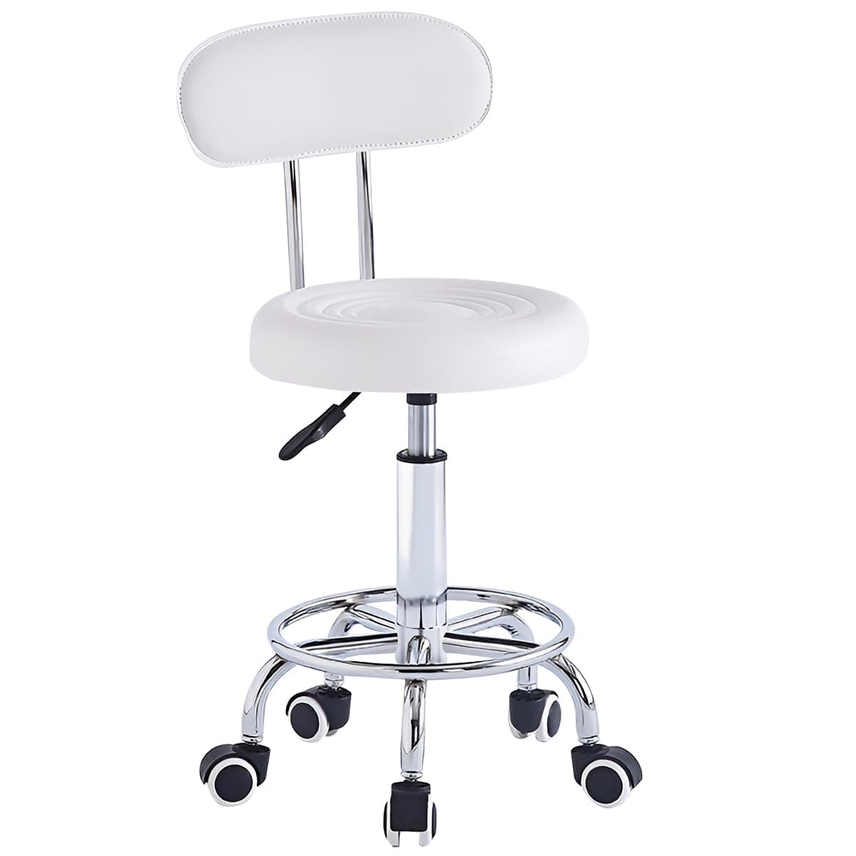 Round Rolling Stool Chair, PU Leather 360° Swivel Stool 5 Wheels Height Adjustable 42-56CM, Removable Backrest, Beauty SPA Salon Seat for Office Home Counter Makeup Drafting Lab Studio Shop