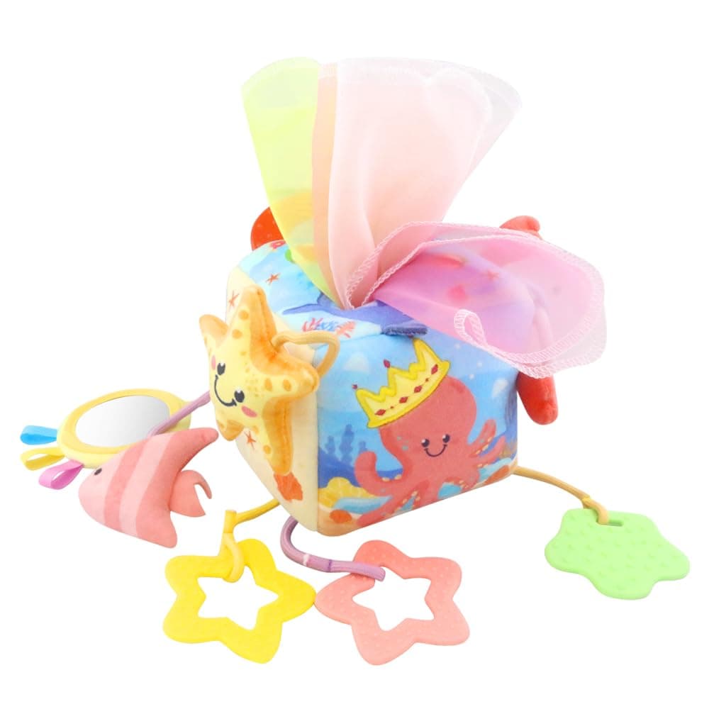 Caterbee Baby Tissue Box Toy with Hanging Hook, Sensory Pull Out Fabric Tissues, Rattle and Teether, Montessori Hanging Toy for Stroller, Car Seat and Crib, Infant Development (ocean)