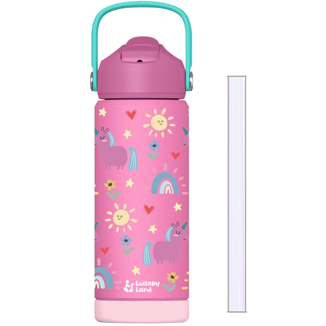 Lullaby Land 550ml Stainless Steel Water Bottle for Kids, Stay Hydrated with Kids Water Bottle for School, No Leak Bpa Free Unicorn Pink Water Bottle for Girls, Insulated Water Bottle Kids with Straw