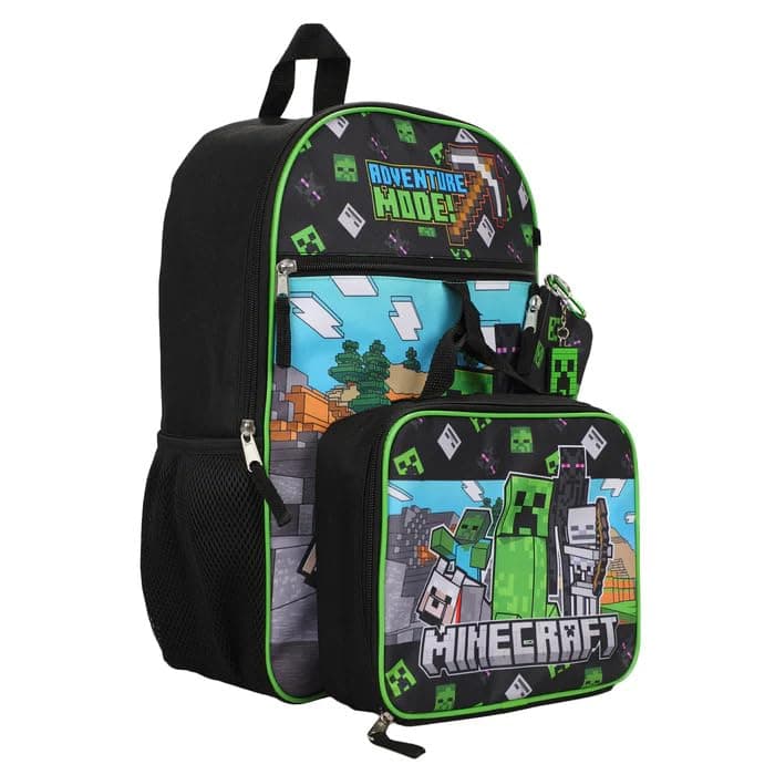 Minecraft School Backpack Set 5 Pieces - Backpack with Lunch Bag, Pencil Case, Keyring & Carabiner - Adventure Fashion Design for Boys