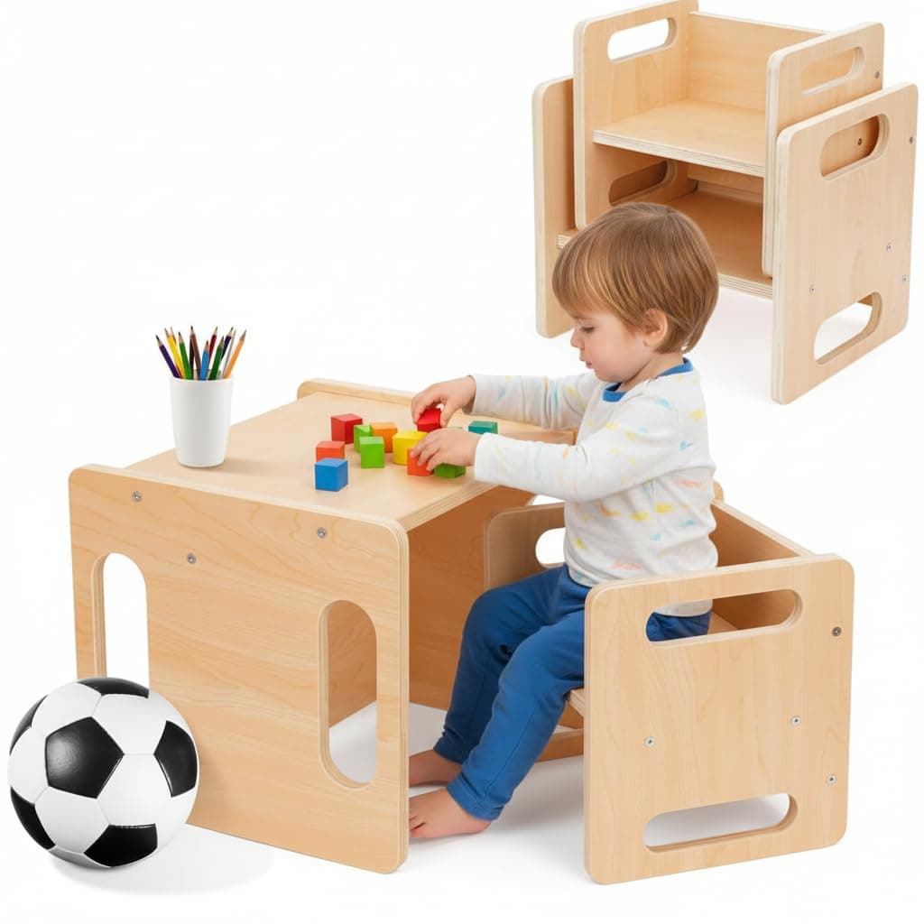 Kids Table and Chair Set, Montessori Weaning for Toddler, Wooden Toddler Tables and Chairs Set, Natural Solid Wooden Activity Table Cube Chair for Drawing Reading (Geometry)