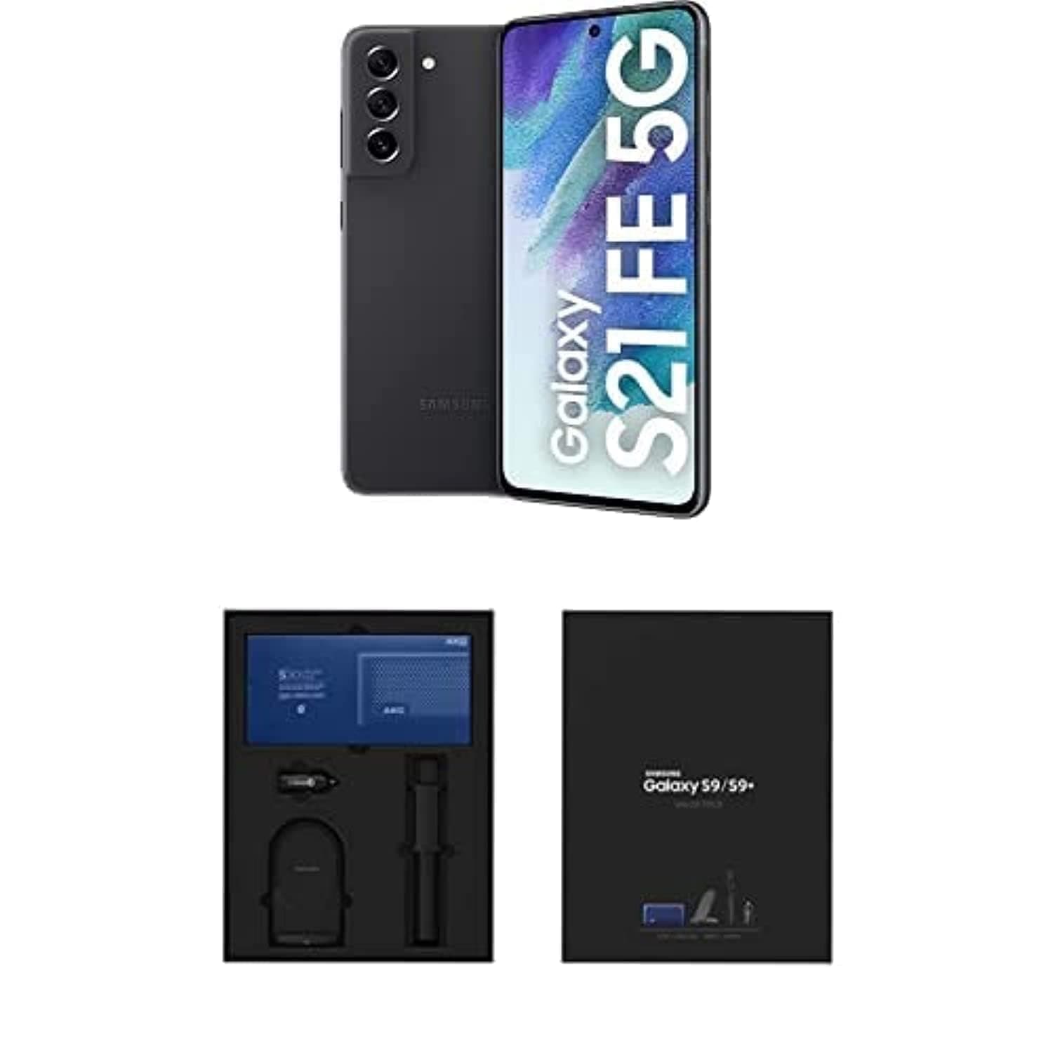 SAMSUNG Galaxy S21 FE Dual SIM Smartphone - 256GB, 8GB RAM, 5G, Graphite (KSA Version) +AKG 330 Bluetooth Speaker with Samsung wireless mobile charger and car charger